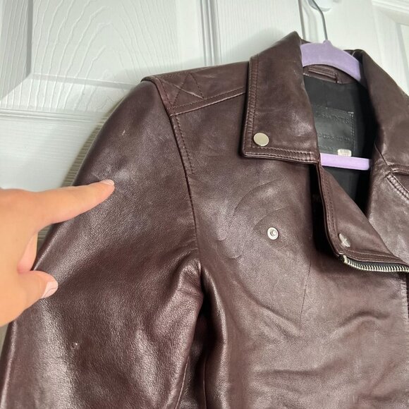 All Saints Dalby Dark Red Leather Long Sleeve Biker Jacket Women's Size 6 - Picture 7 of 15